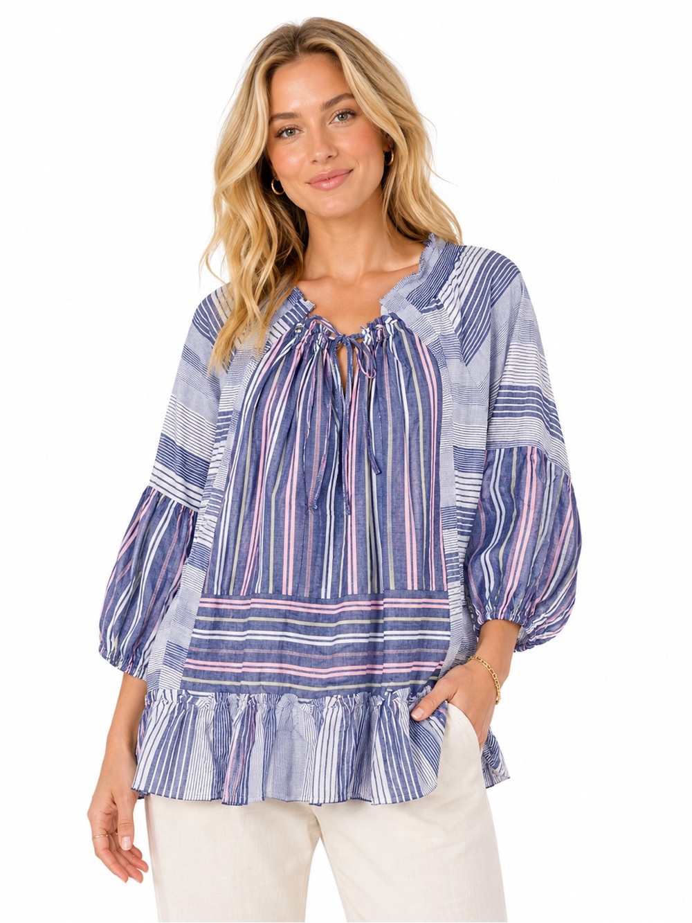NWT Easel Size Medium Striped Blue Peasant Blouse with Tie Neck